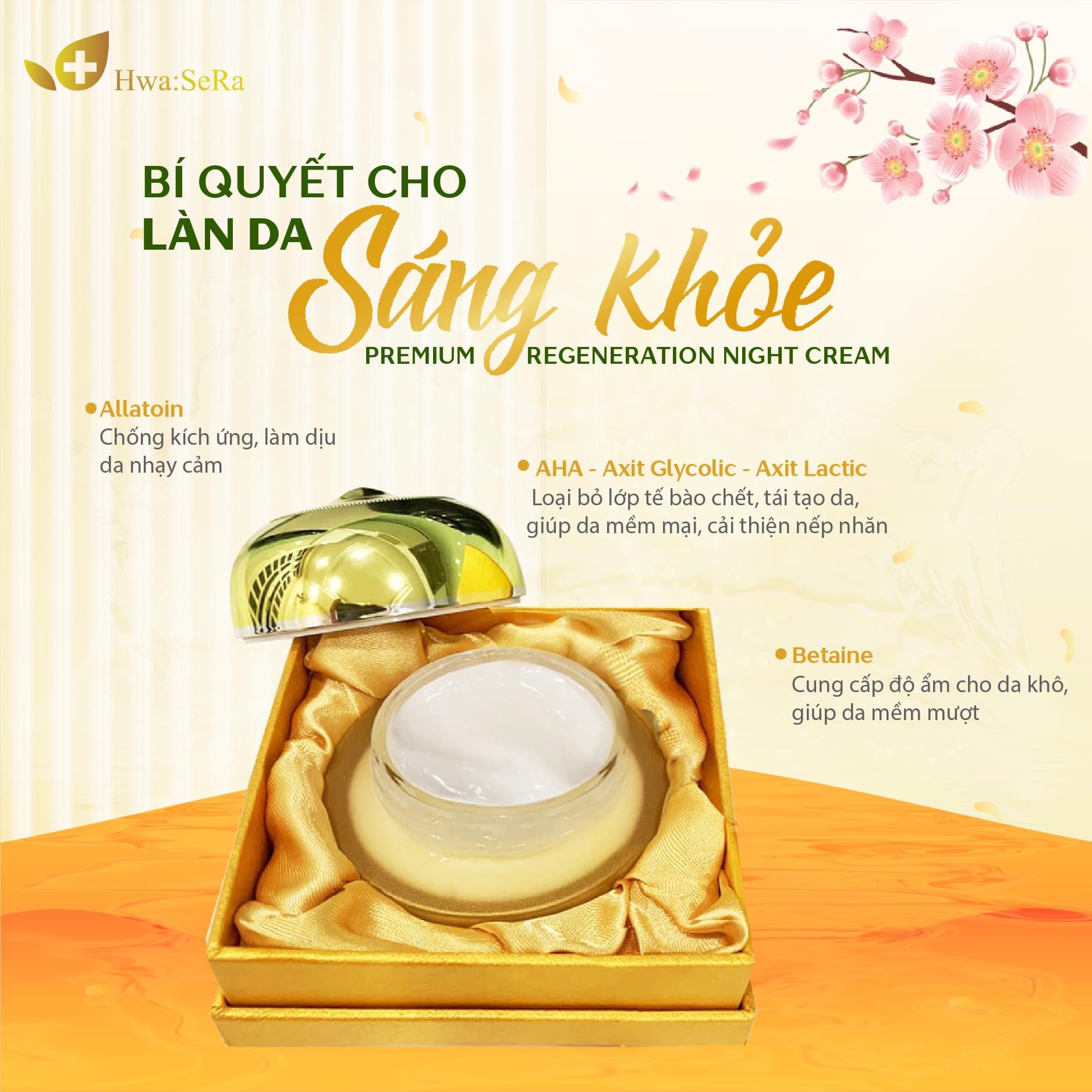 Hwa:SeRa Premium Regeneration Night Cream kem tái sinh da ban đêm sẽ bổ sung những thành phần chiết xuất tự nhiên như AHA – Axit Glycolic – Axit Lactic,… giúp tái sinh từng tế bào, phục hồi da hiệu quả, dưỡng da trắng hồng tự nhiên